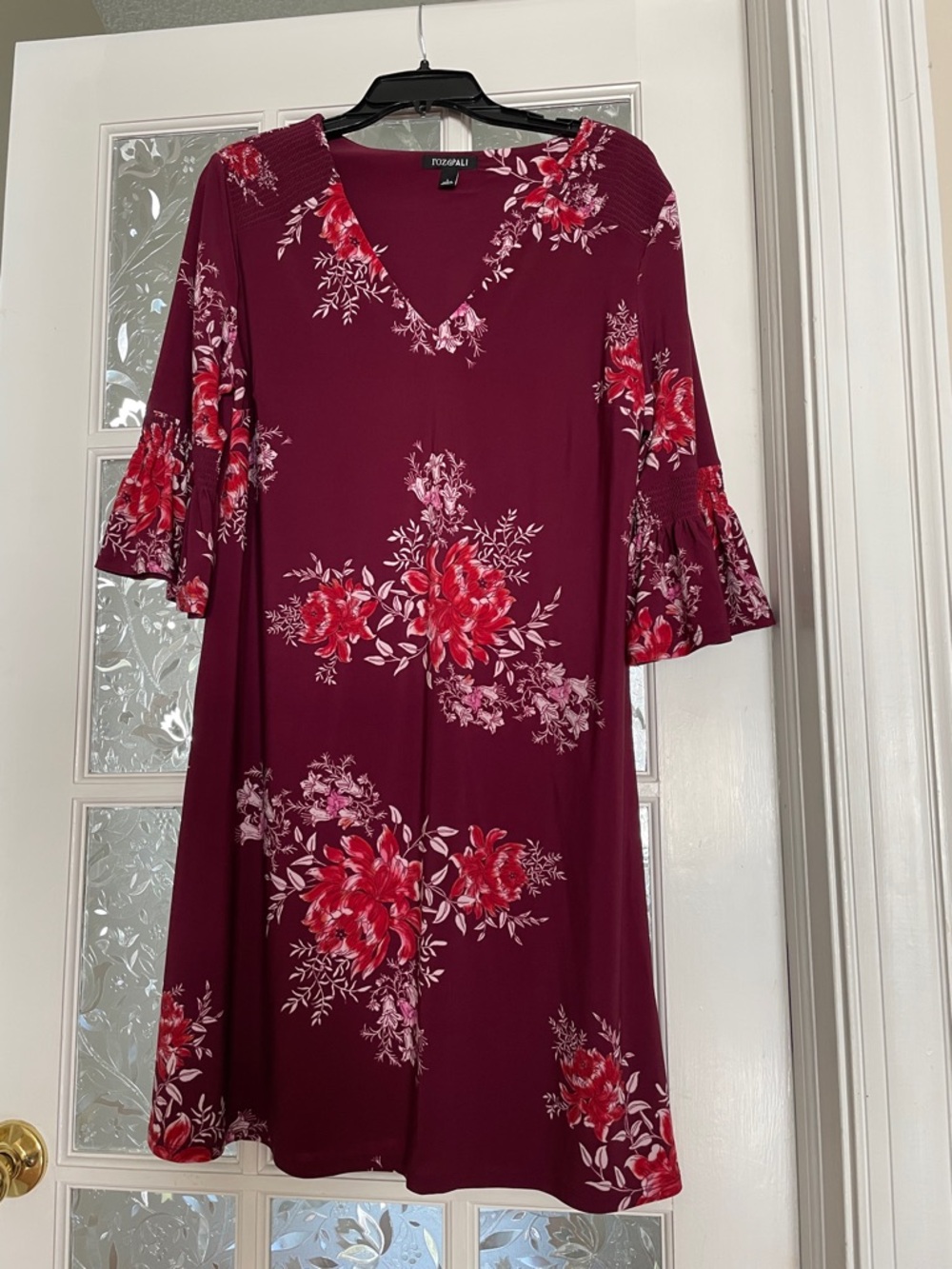 Wine Floral V-Neck Swing Dress